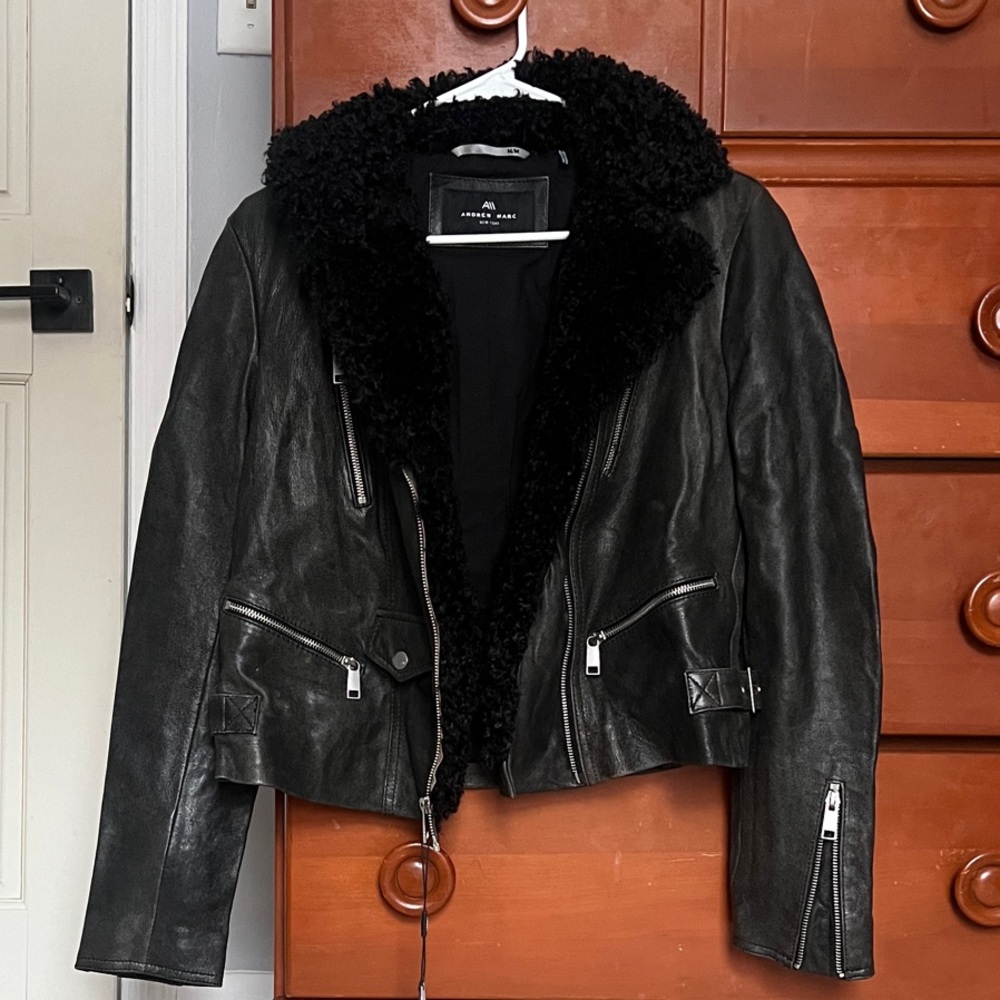 NWT Andrew Marc Black Leather Jacket with Faux Fur Collar